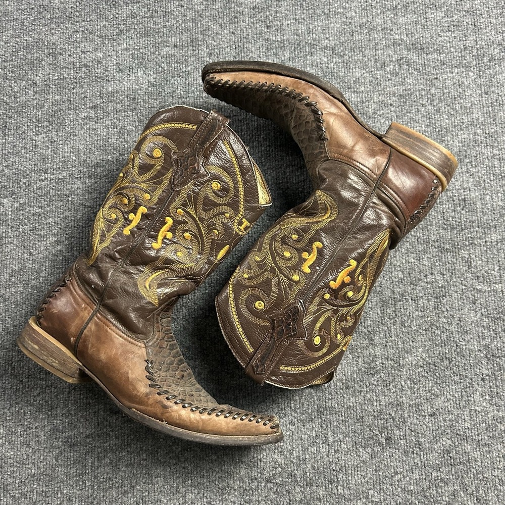 Botas El Temascal Boots Mens Size 8 Brown Leather Western Square Toe Paisley 605